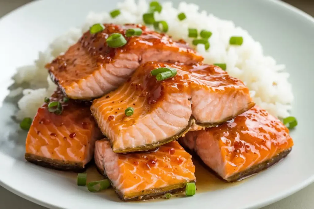 A plate of crispy Honey Garlic Salmon Bites glazed in a rich, golden sauce, garnished with sesame seeds and green onions.