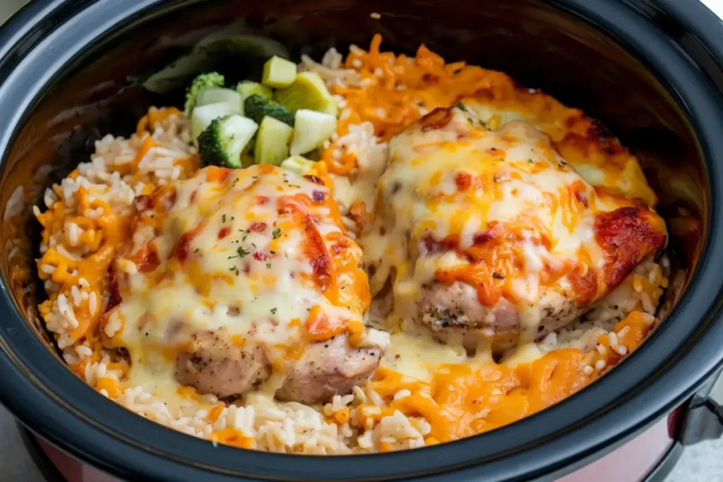 A plate of Crock Pot Cheesy Chicken and Rice with melted cheese and parsley garnish.
