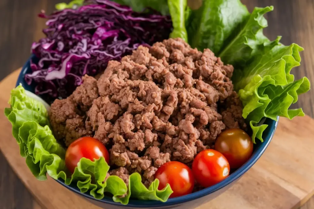 A delicious ground beef bowl with rice, pickled veggies, and avocado.