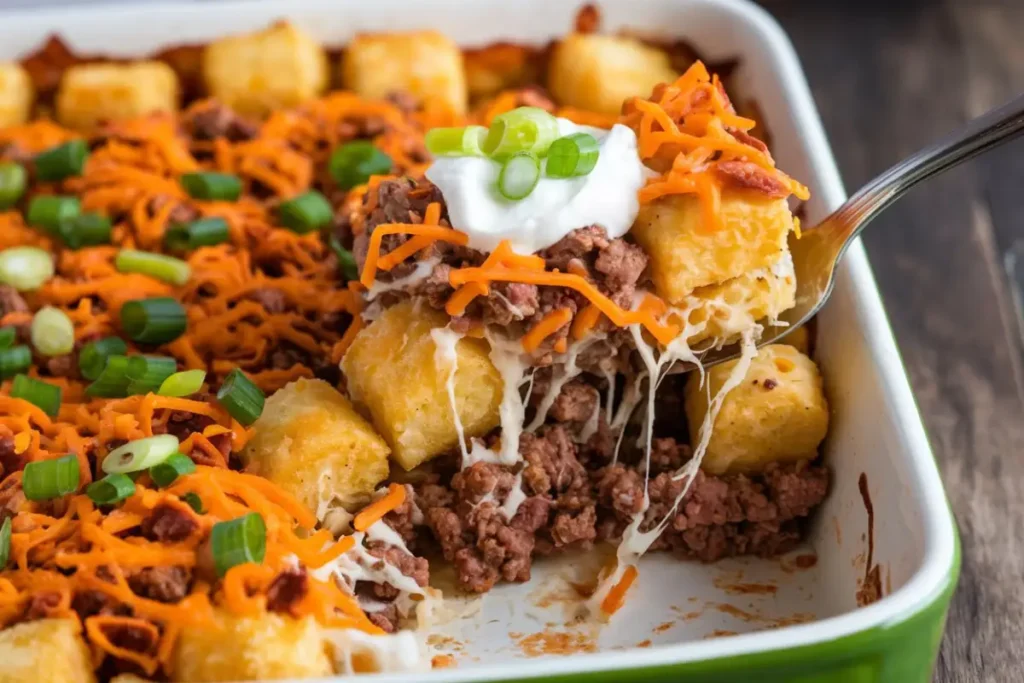 A freshly baked Taco Tater Tot Casserole with crispy golden tater tots and melted cheese.