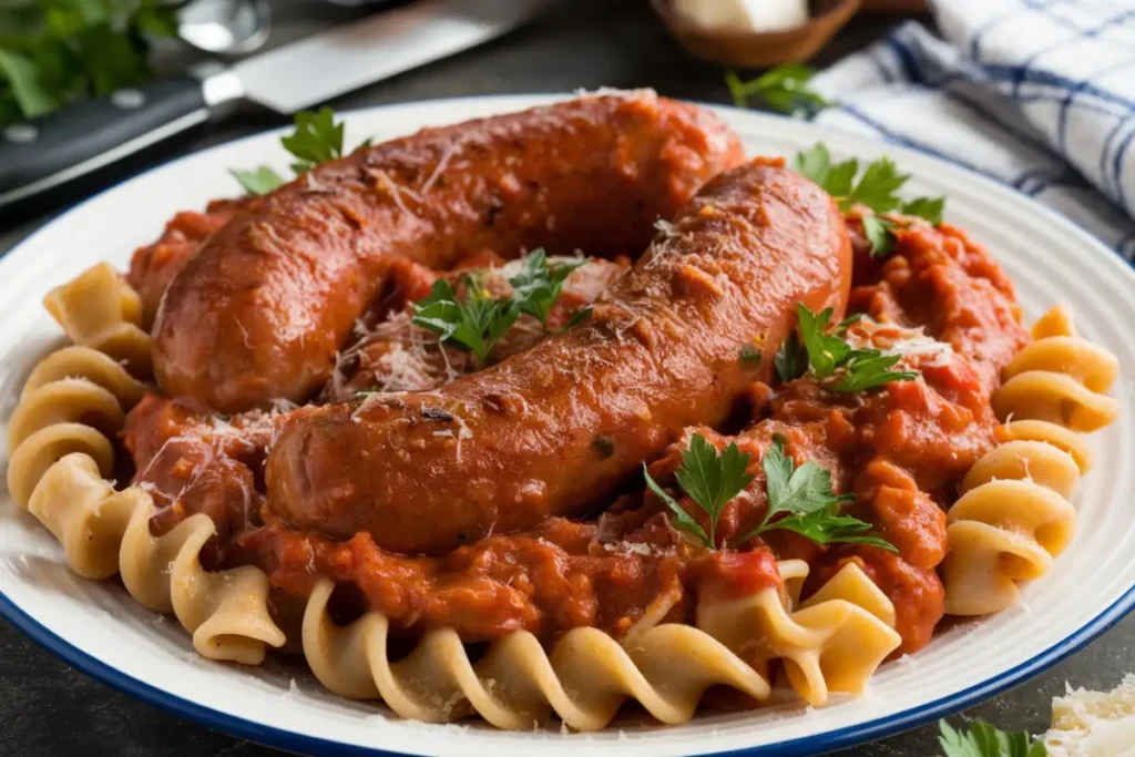 A bowl of creamy smoked sausage pasta garnished with parsley, served in a rustic kitchen setting.