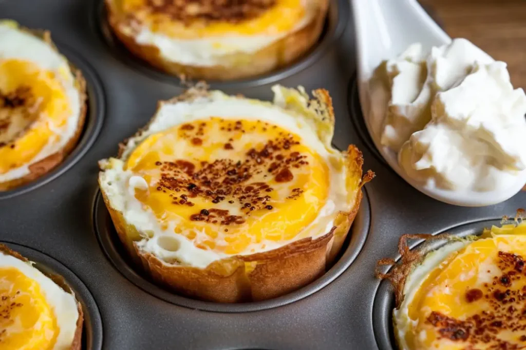 Close-up of egg bites with cottage cheese, cut in half to reveal their creamy interior.