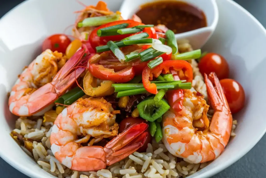 A hearty shrimp and rice bowl topped with avocado, cilantro, and lemon wedges