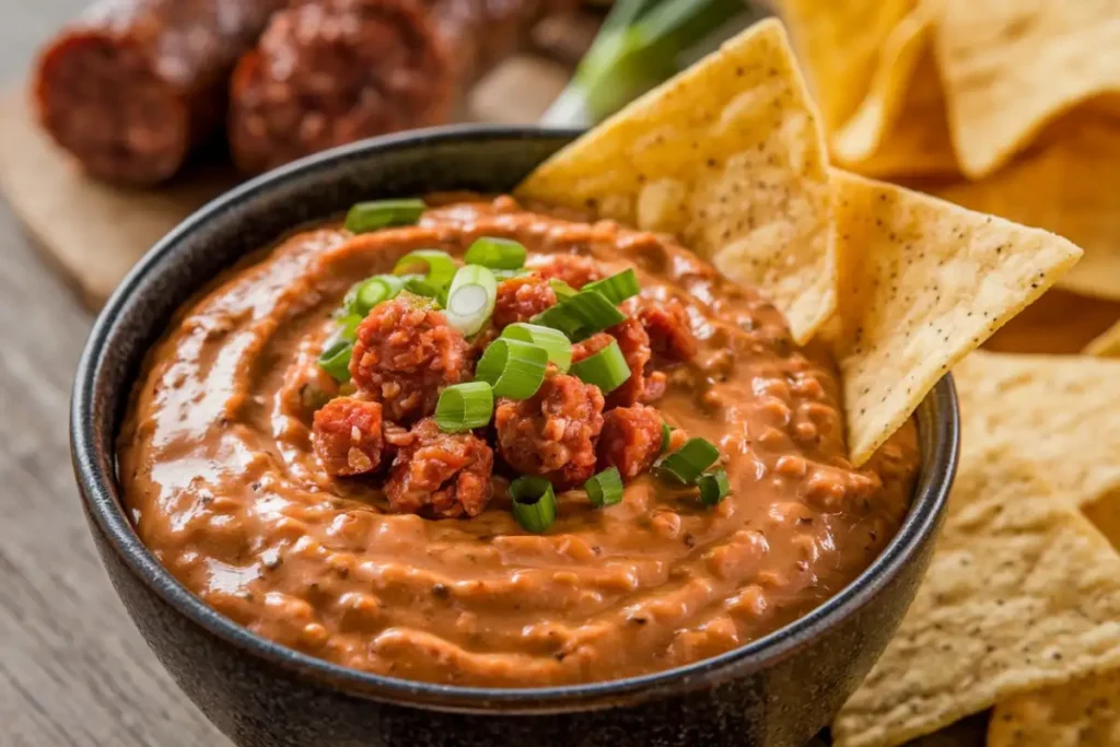 A bowl of Chorizo Queso Dip topped with crispy chorizo and cilantro.
