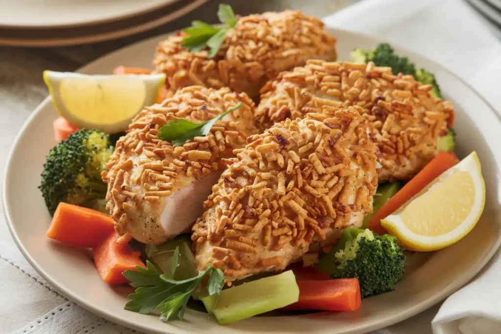 Crispy Ritz Cracker Chicken with mashed potatoes and green beans