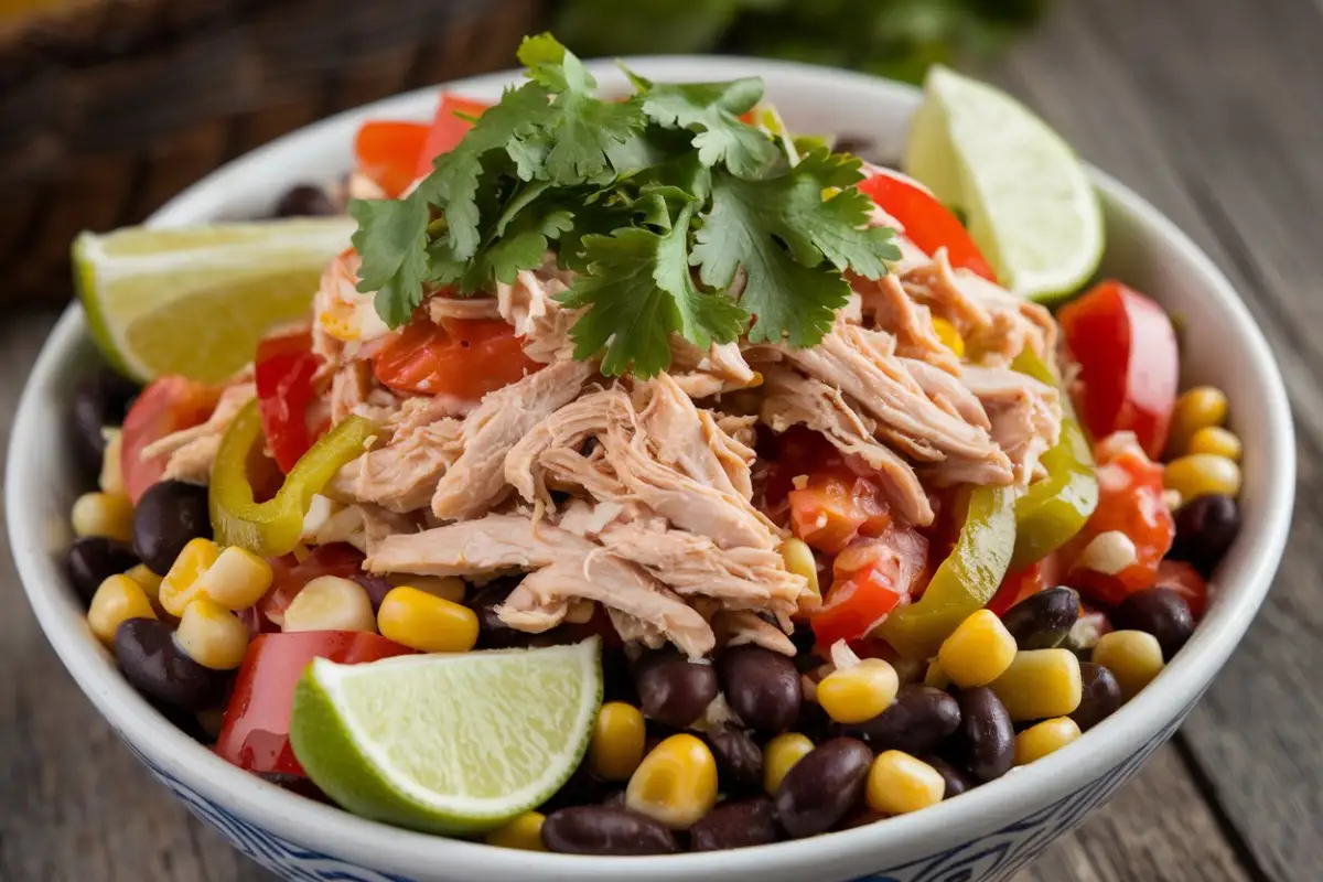 Colorful bowl of traditional Mexican Chicken Salad with vegetables