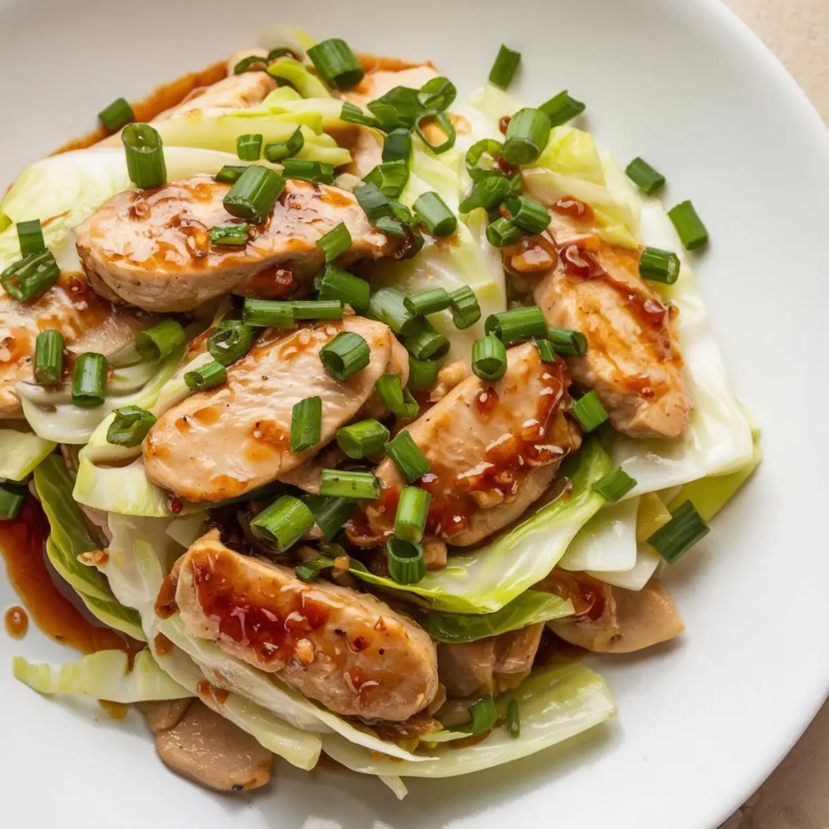 Chicken Cabbage Stir Fry served in a white bowl with colorful vegetables