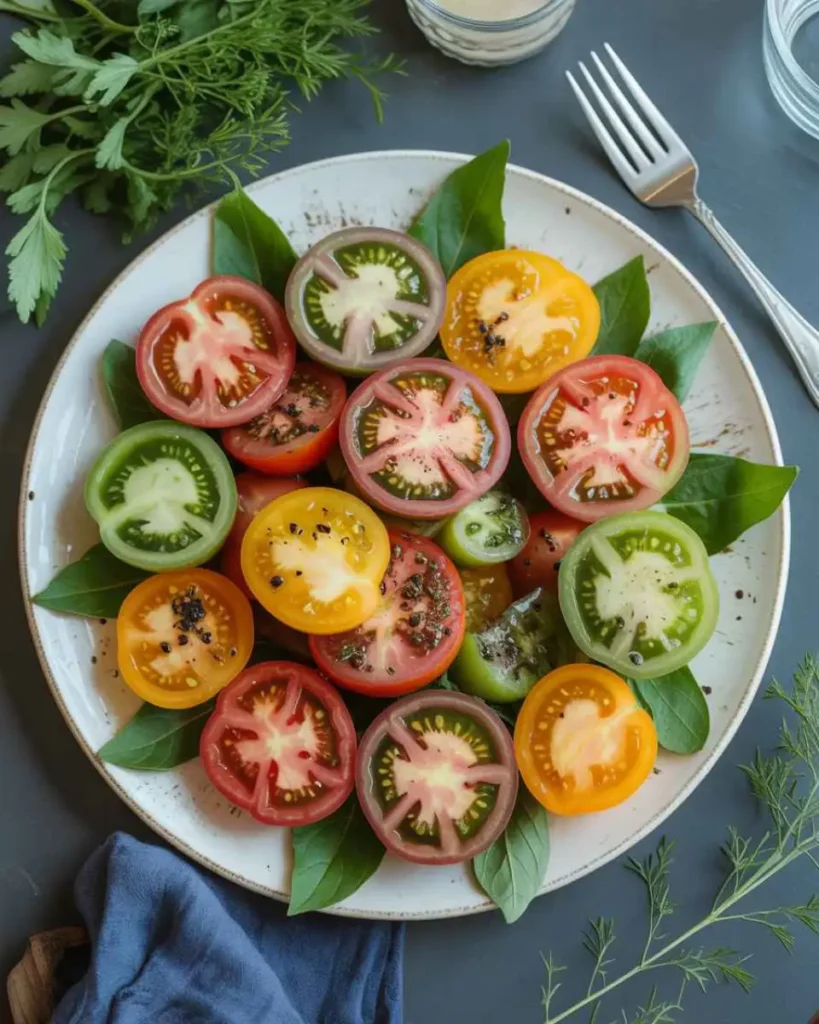 heirloom tomato salad with Brandywine and Green Zebra slices