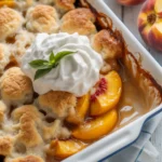 Freshly baked peach cobbler with golden crust