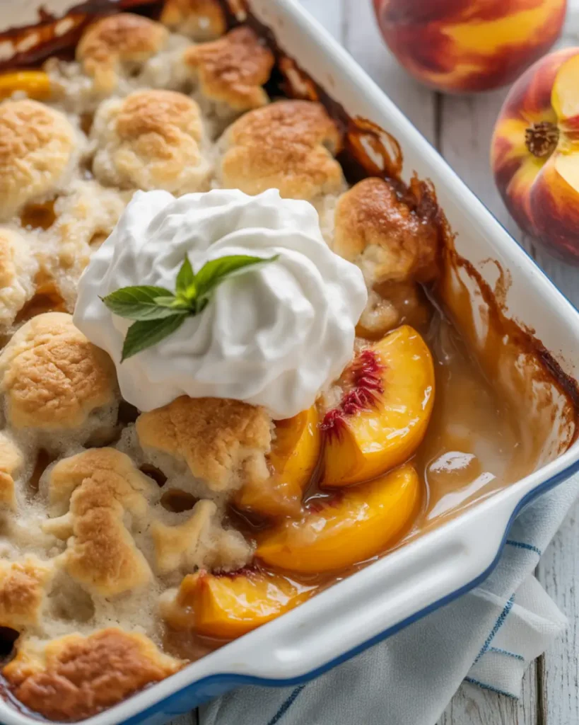 Freshly baked peach cobbler with golden crust